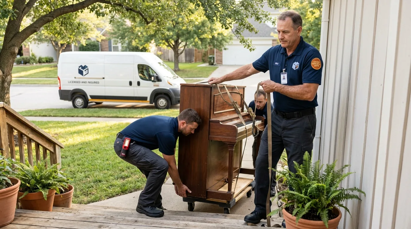 Licensed piano movers securing grand piano in Alton, IA