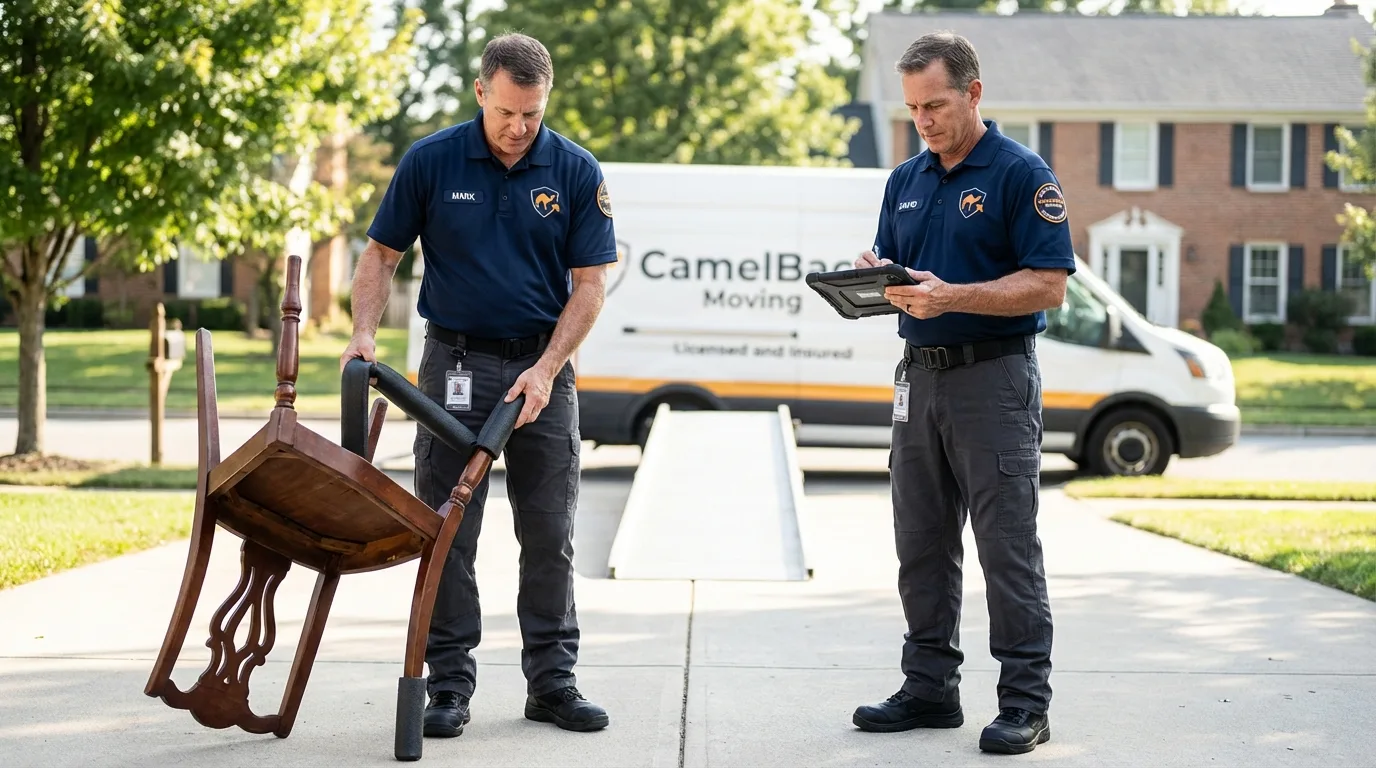 Movers inspecting furniture for damage prevention before loading in Alton, IA