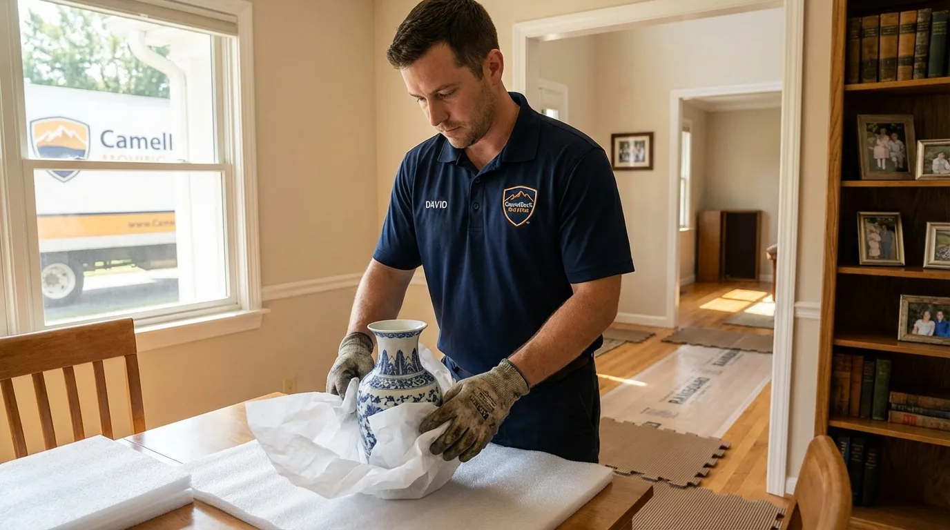 Professional crew carefully wrapping antique vase for senior downsizing move in Alton, IA