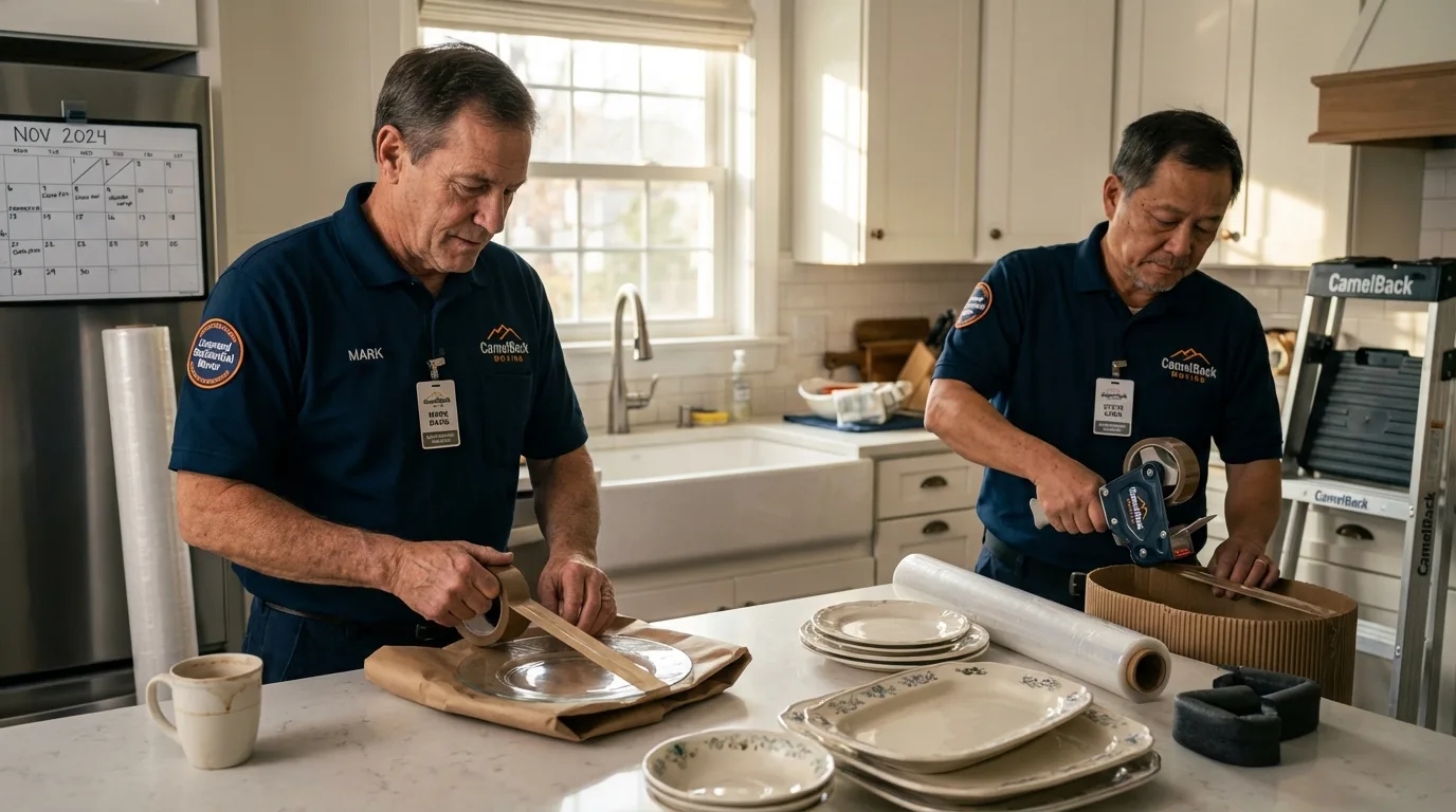Professional crew packing kitchen dishware in Alton, IA